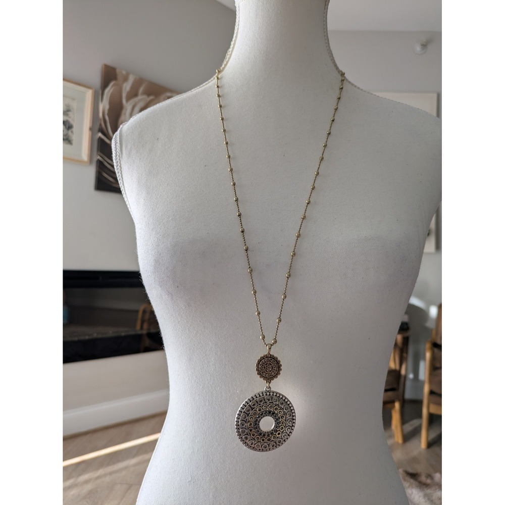 Lucky Brand Two Toned Decorated Disc Pendant Necklace Rhinestones 30" Long